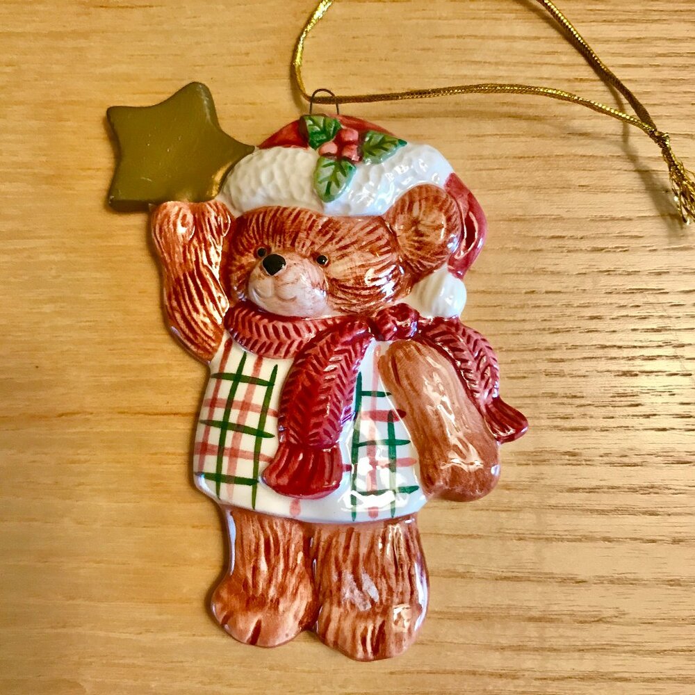 Vintage/Christmas Ornament/Fitz And Floyd Plaid Teddy Bear / Star Hat Scarf 1992